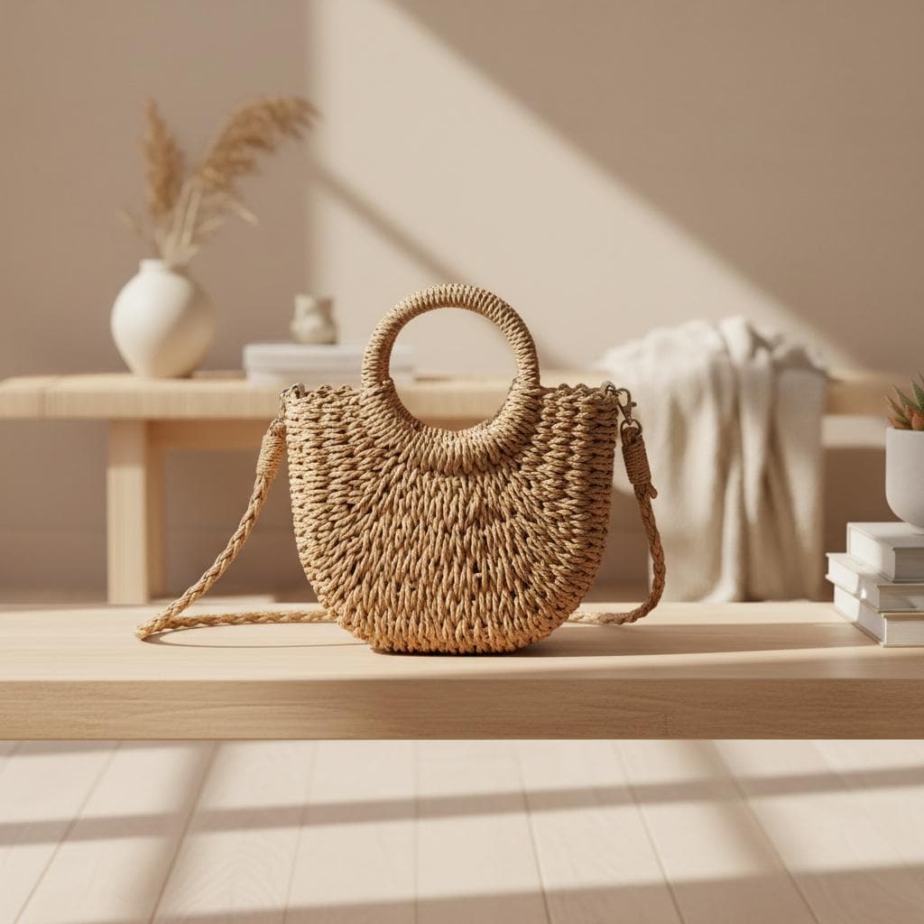Handwoven Straw Half-Moon Handbag, Large Capacity Summer Crossbody Bag, Hollow Out Rattan Shoulder Bag for Women