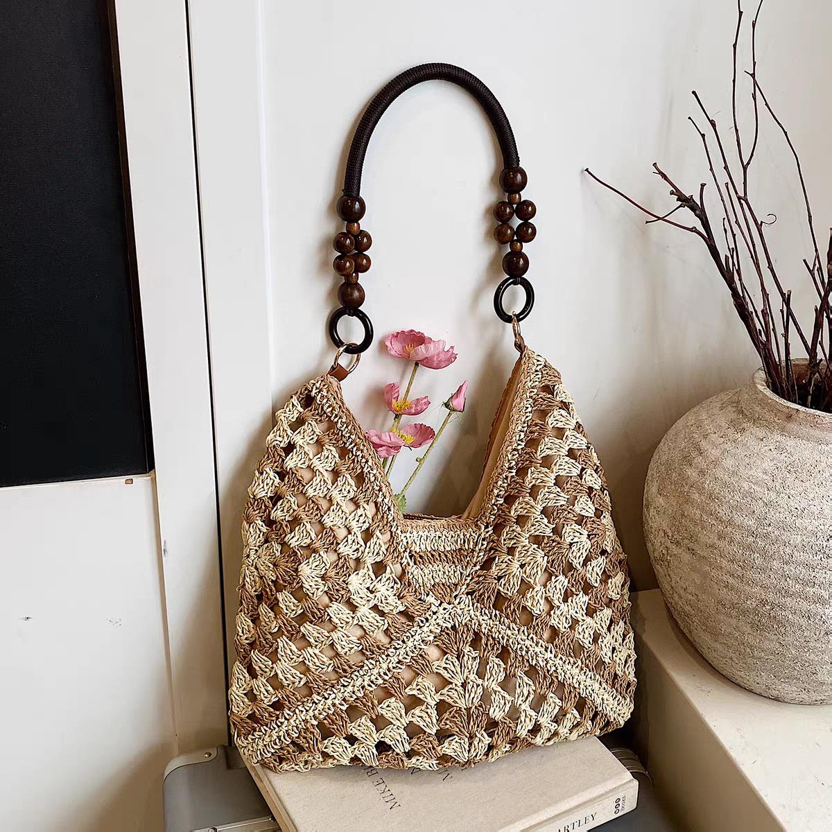 Crochet Tote Bag Handmade: Black Cream Knit Shoulder Bag, Granny Square Bag, Boho Woven Handbag, Wooden Handle Purse, XL basket bag