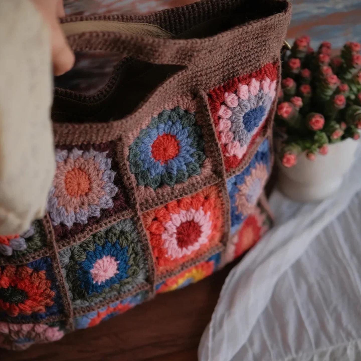 Handmade With 100% Premium Wool Crochet Tote Bag, 3D Granny Square Purse, Boho Shoulder Bag with Cotton Lining & YKK Zipper, Gift for Her