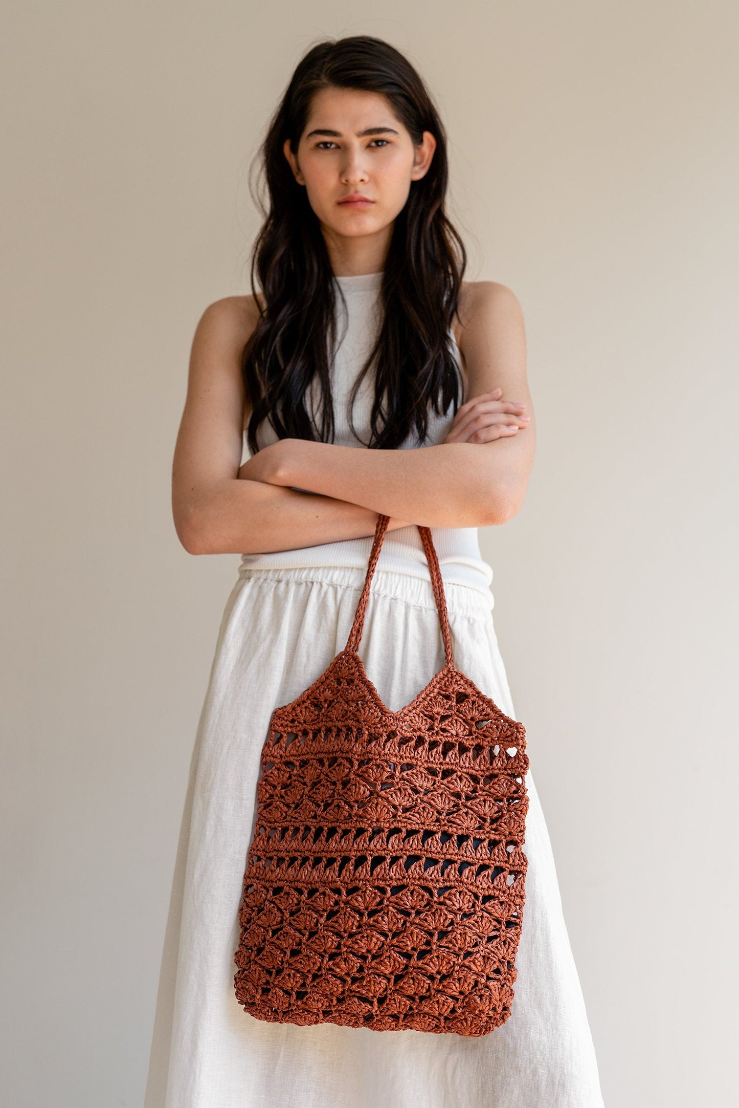 Crochet Raffia Tote Bag in Natural, Summer Tote Bag, Straw Mesh Bag, Handcrafted Tote, Crochet Handbag — Anemone Tote
