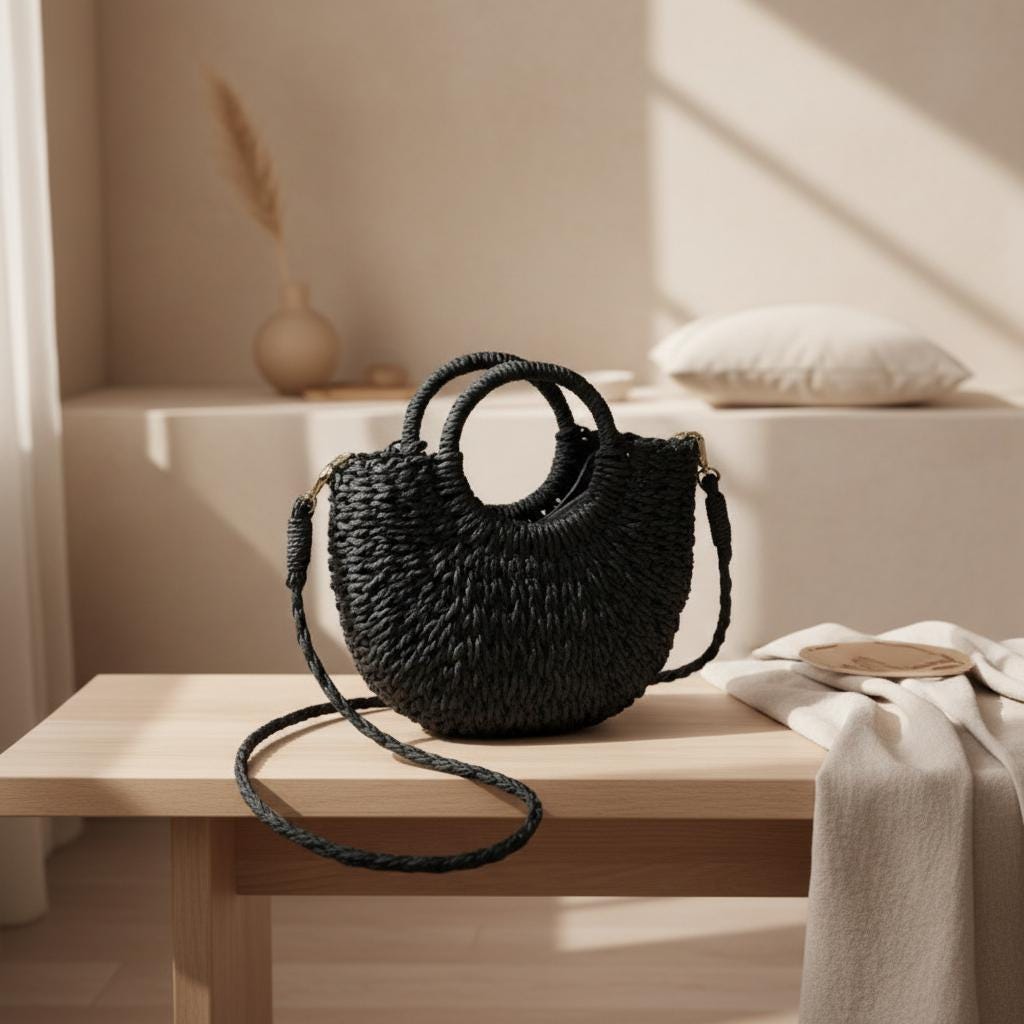 Handwoven Straw Half-Moon Handbag, Large Capacity Summer Crossbody Bag, Hollow Out Rattan Shoulder Bag for Women