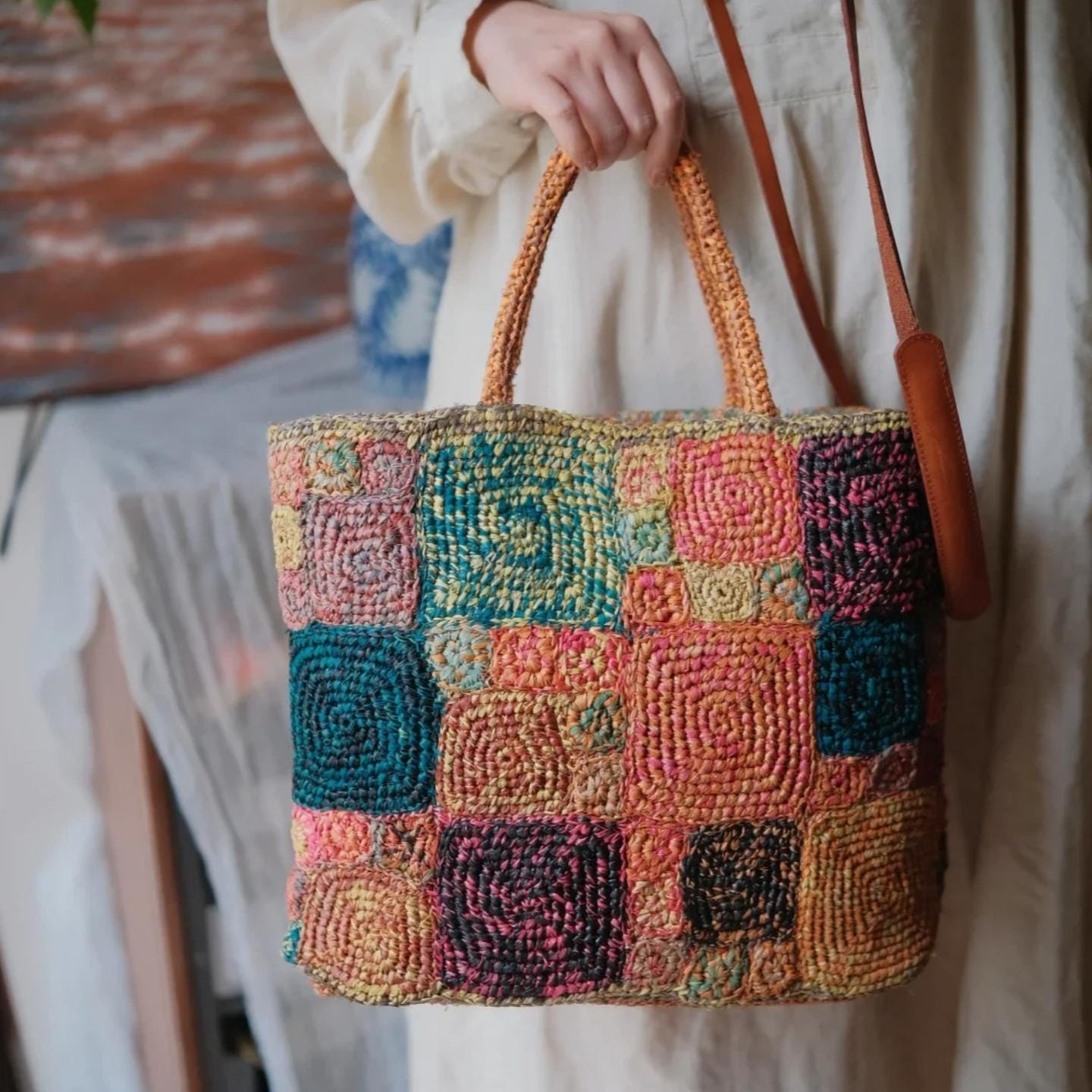 Handmade Crochet Raffia Tote Bag, Colorful Patchwork Boho Purse with Cotton Lining, Unique Artisan Beach Bag for Women,Gift for her