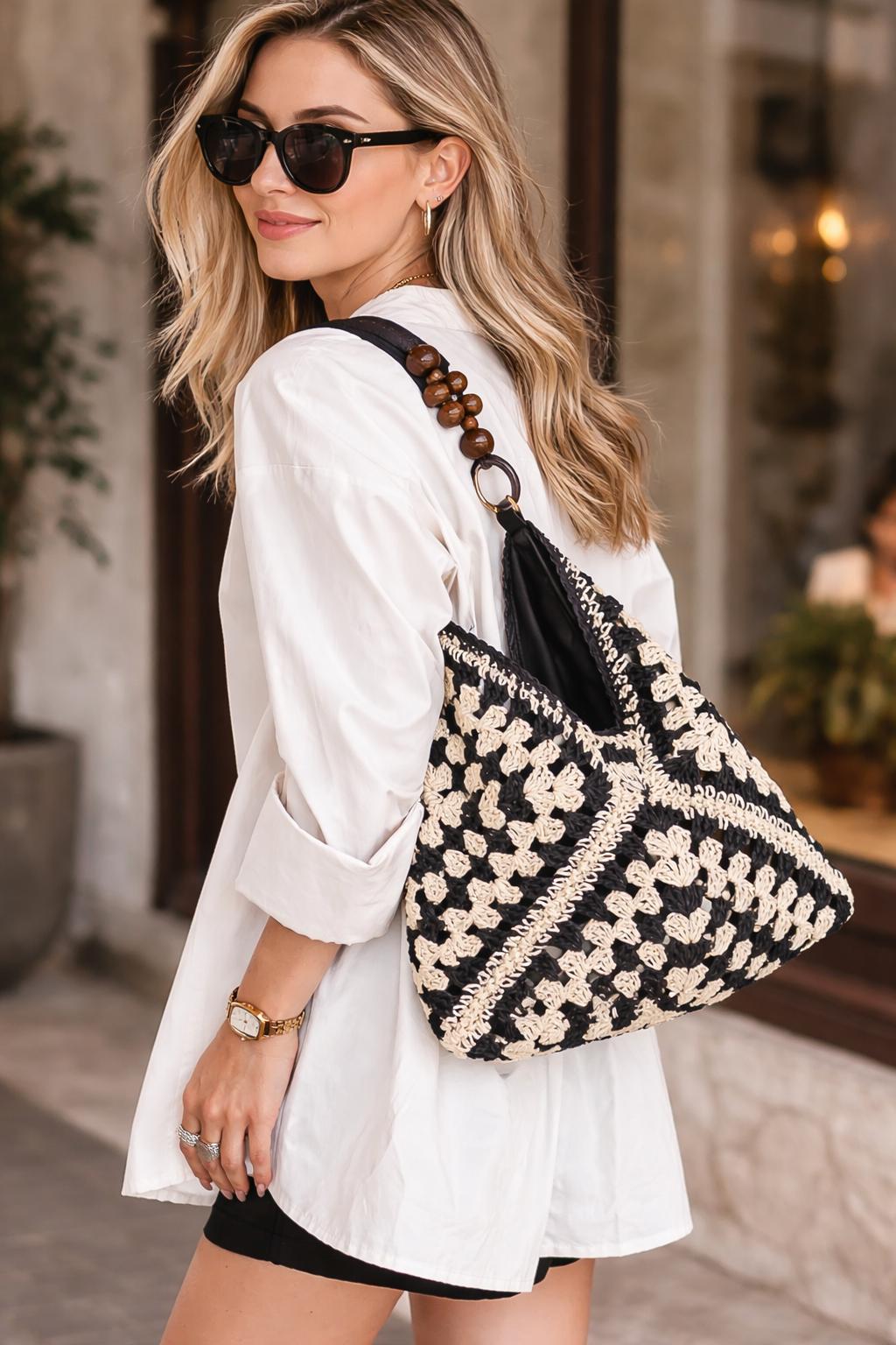 Crochet Tote Bag Handmade: Black Cream Knit Shoulder Bag, Granny Square Bag, Boho Woven Handbag, Wooden Handle Purse, XL basket bag