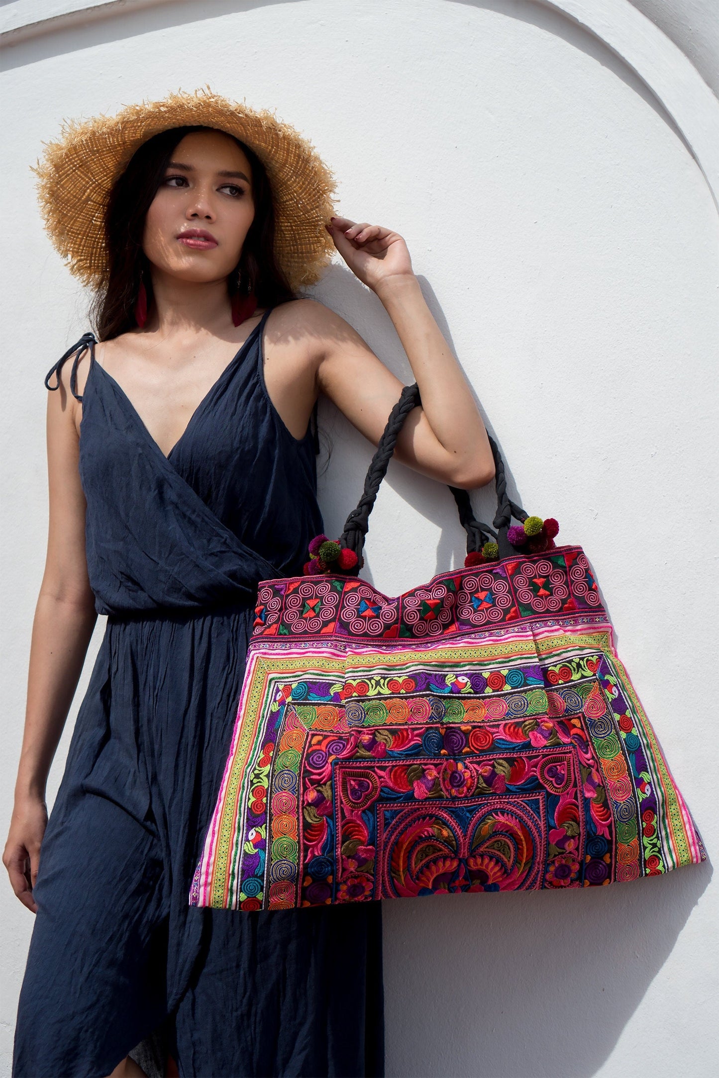 Red Bird Embroidered Hmong Tribes Tote Bag, Bohemian Beach Bag - BG301REDB