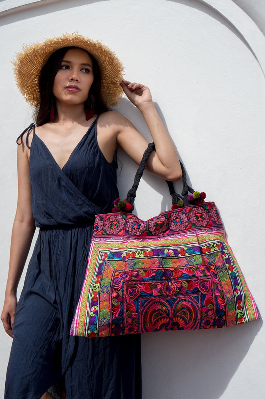 Red Bird Embroidered Hmong Tribes Tote Bag, Bohemian Beach Bag - BG301REDB