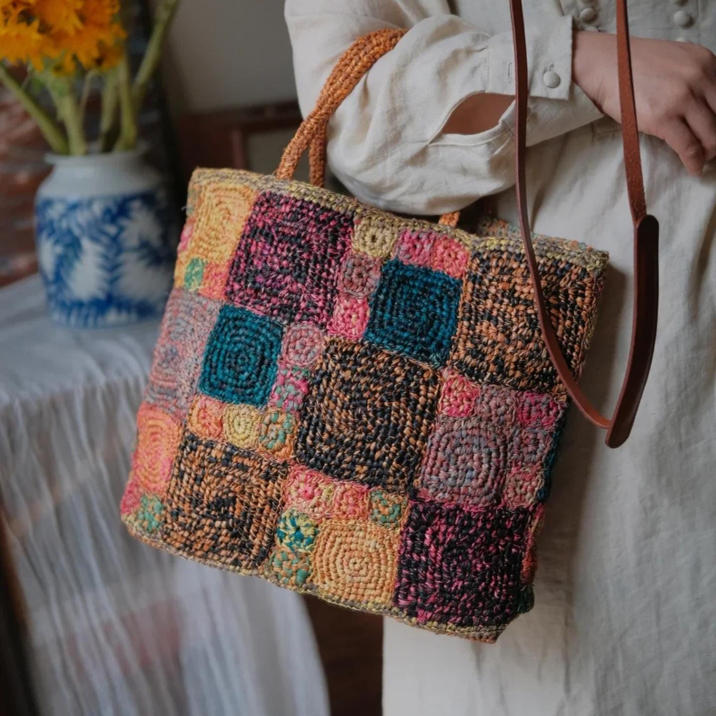One-of-a-Kind Raffia Crochet Bag, Heavy-Duty Handwoven Tote with Magnetic Closure, Bohemian Summer Shoulder Bag, Gift for her