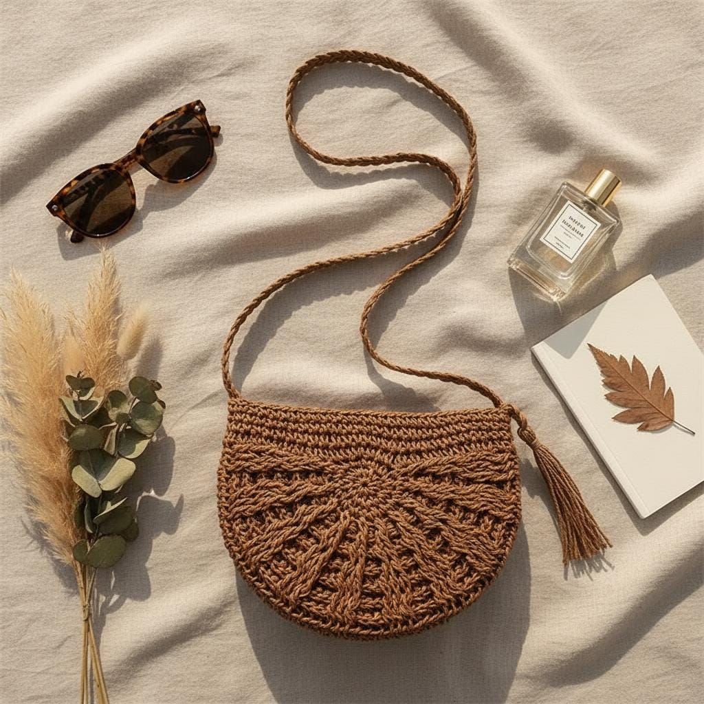 Half Moon Straw Rattan Bag Handwoven Boho Summer Beach Crossbody for Women
