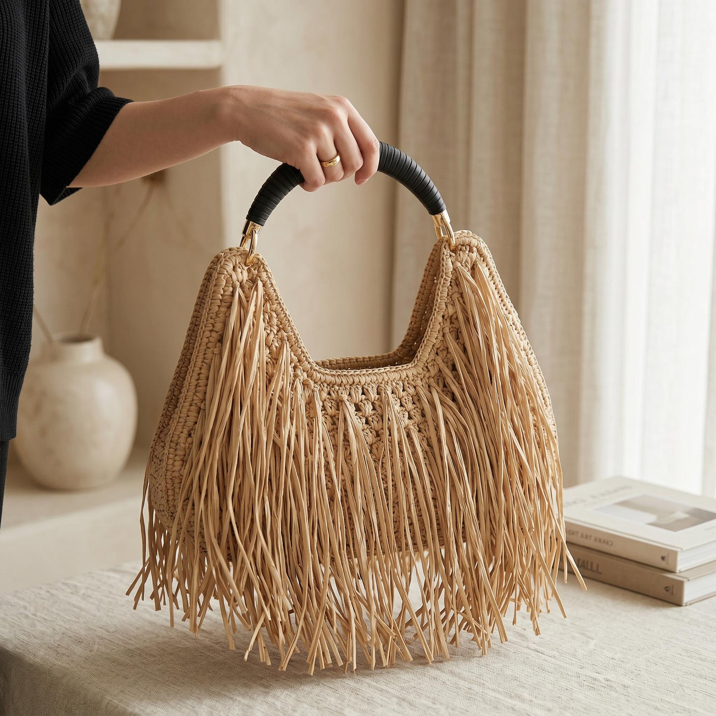Crochet Fringe Shoulder Bag Handmade Boho Tote | Straw Style Tassel Handbag | Summer Beach Bag | Aesthetic Cotton Purse | Vacation Bag