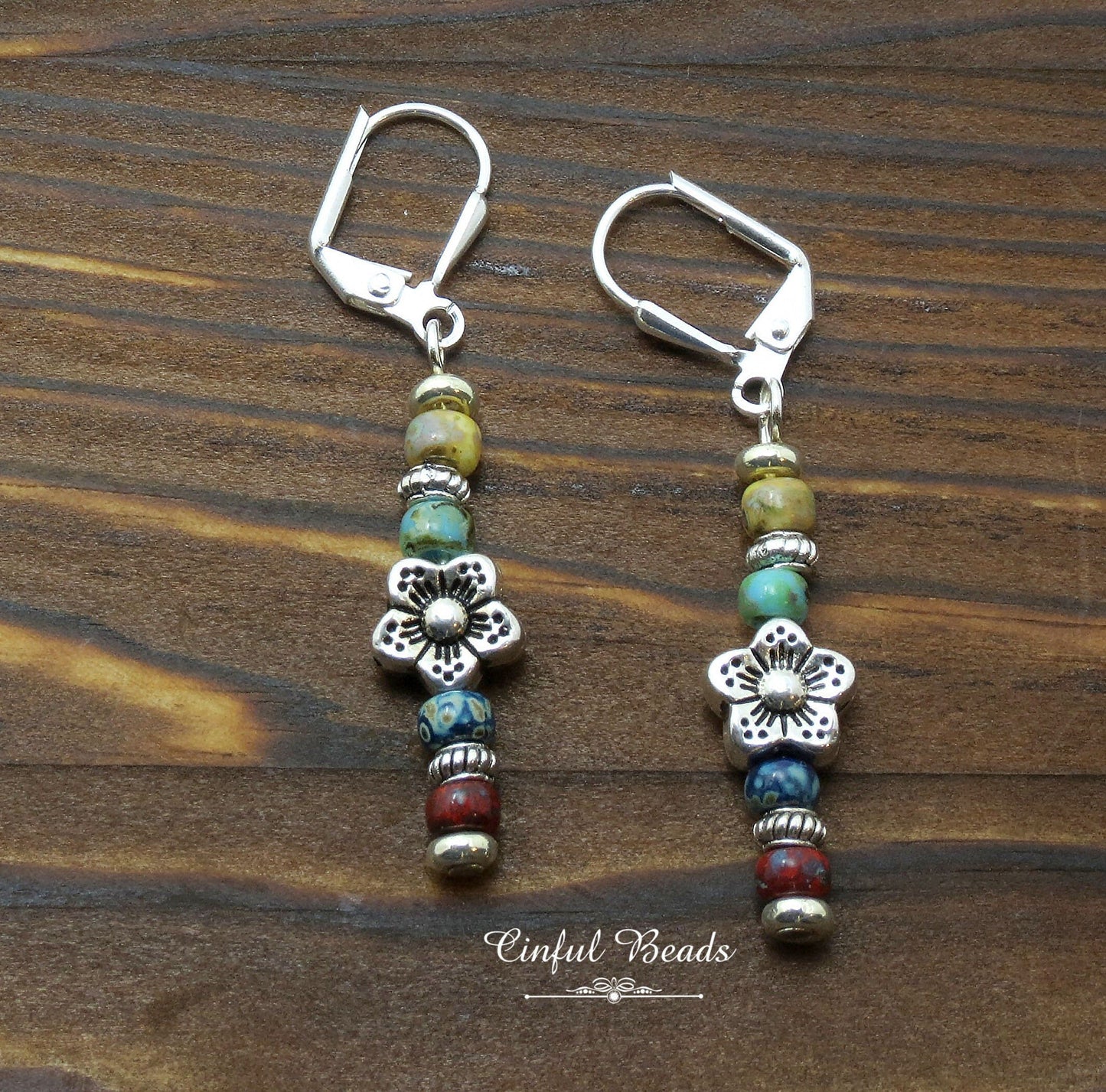 Dainty Multicolor Picasso Seed Bead Stick Earrings with Flower Spacer Bead - Lightweight And Comfortable Boho Statement Jewelry