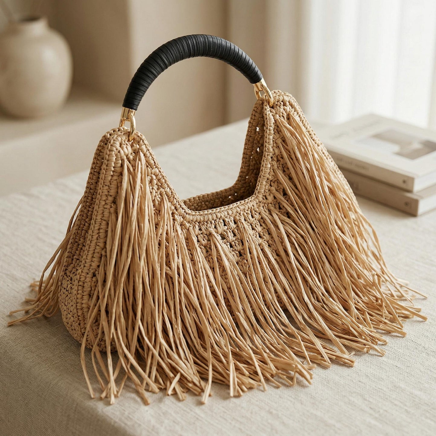 Crochet Fringe Shoulder Bag Handmade Boho Tote | Straw Style Tassel Handbag | Summer Beach Bag | Aesthetic Cotton Purse | Vacation Bag