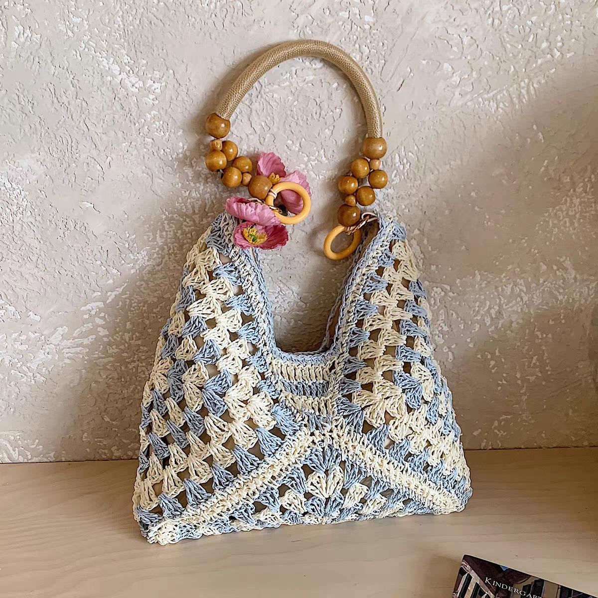 Crochet Tote Bag Handmade: Black Cream Knit Shoulder Bag, Granny Square Bag, Boho Woven Handbag, Wooden Handle Purse, XL basket bag