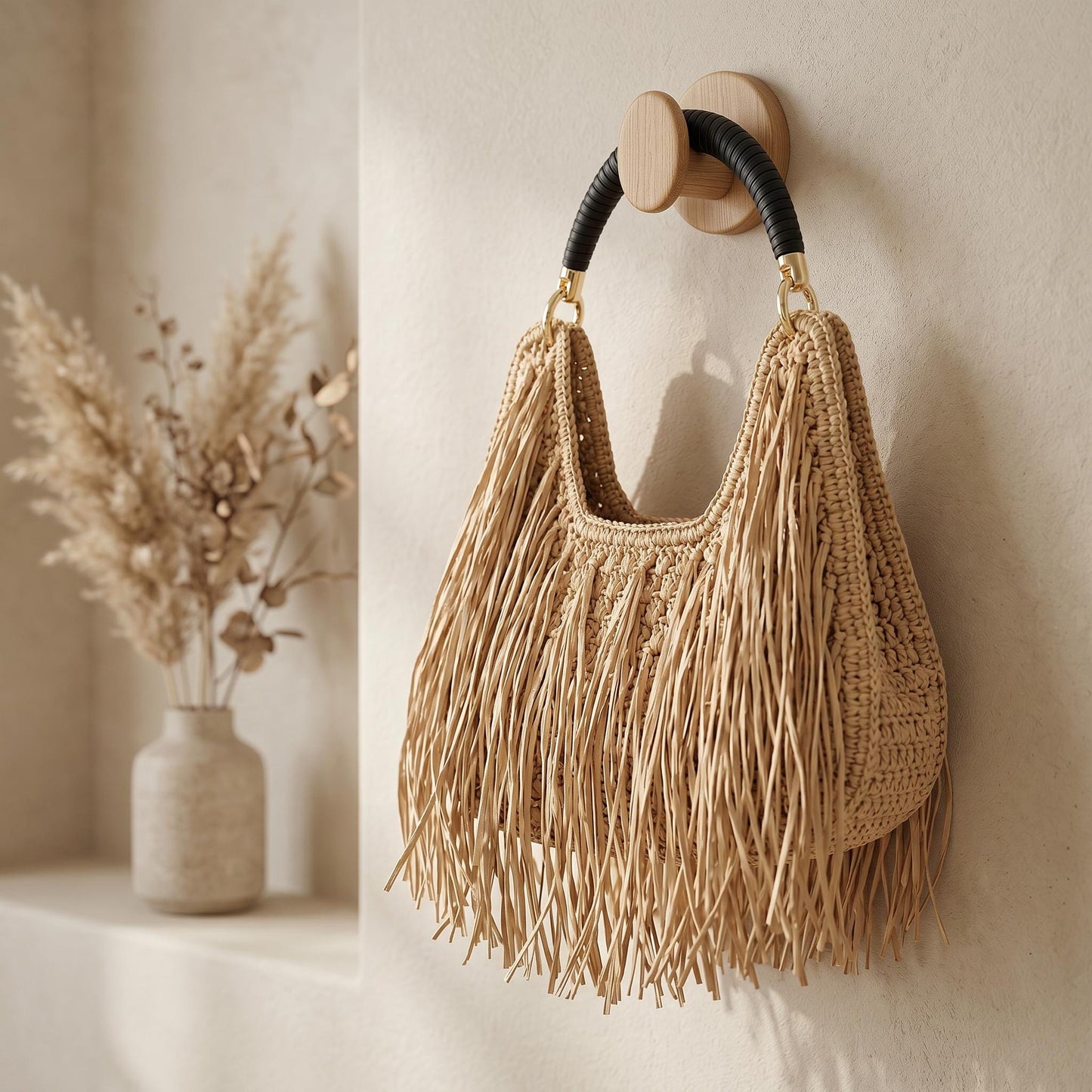 Crochet Fringe Shoulder Bag Handmade Boho Tote | Straw Style Tassel Handbag | Summer Beach Bag | Aesthetic Cotton Purse | Vacation Bag