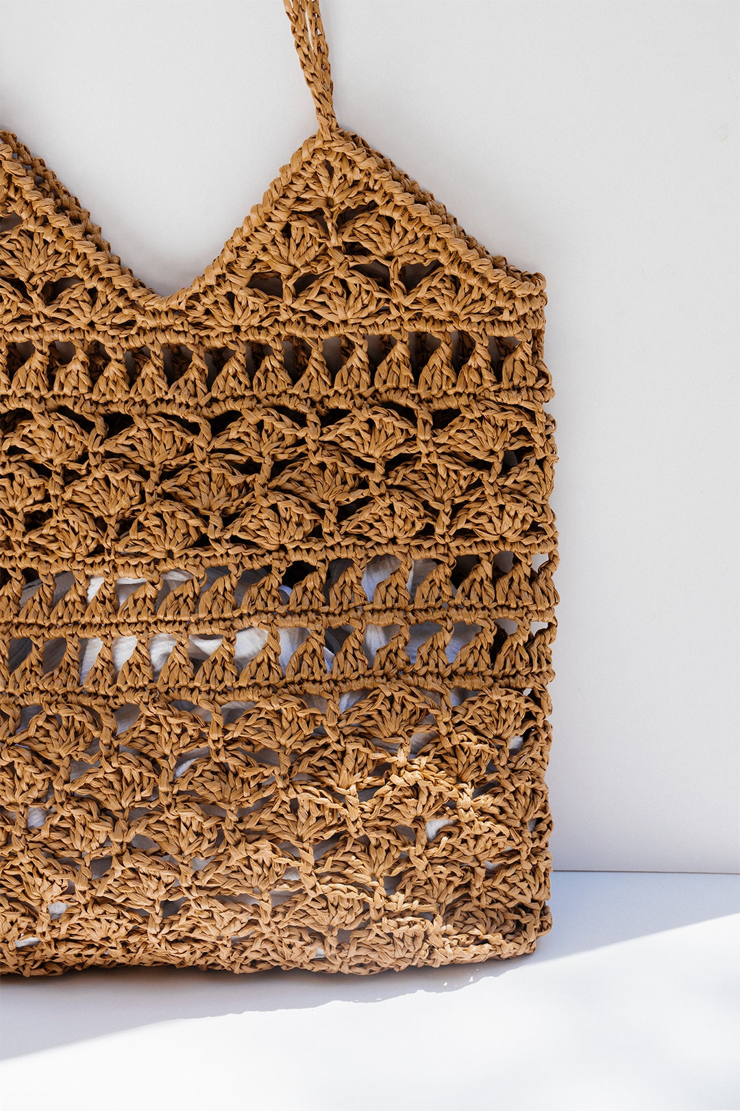 Crochet Raffia Tote Bag in Natural, Summer Tote Bag, Straw Mesh Bag, Handcrafted Tote, Crochet Handbag — Anemone Tote