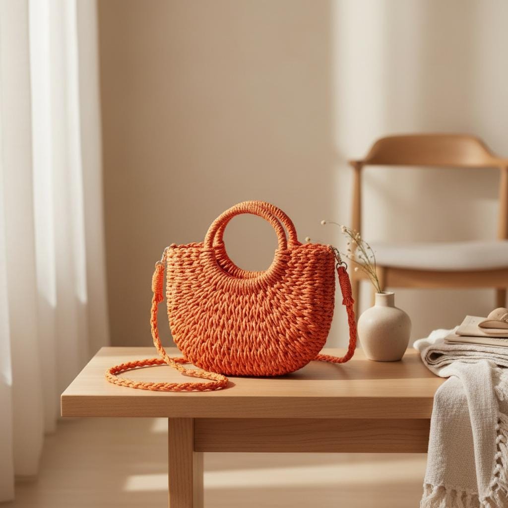 Handwoven Straw Half-Moon Handbag, Large Capacity Summer Crossbody Bag, Hollow Out Rattan Shoulder Bag for Women