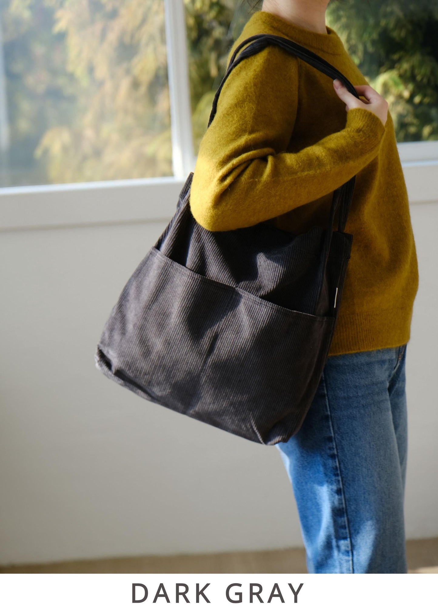 Double Pocket Soft Corduroy Tote Bag (Dark Brown), Women Shoulder Bag, Back to School Gift, College Student Bag, Everyday Book Tote