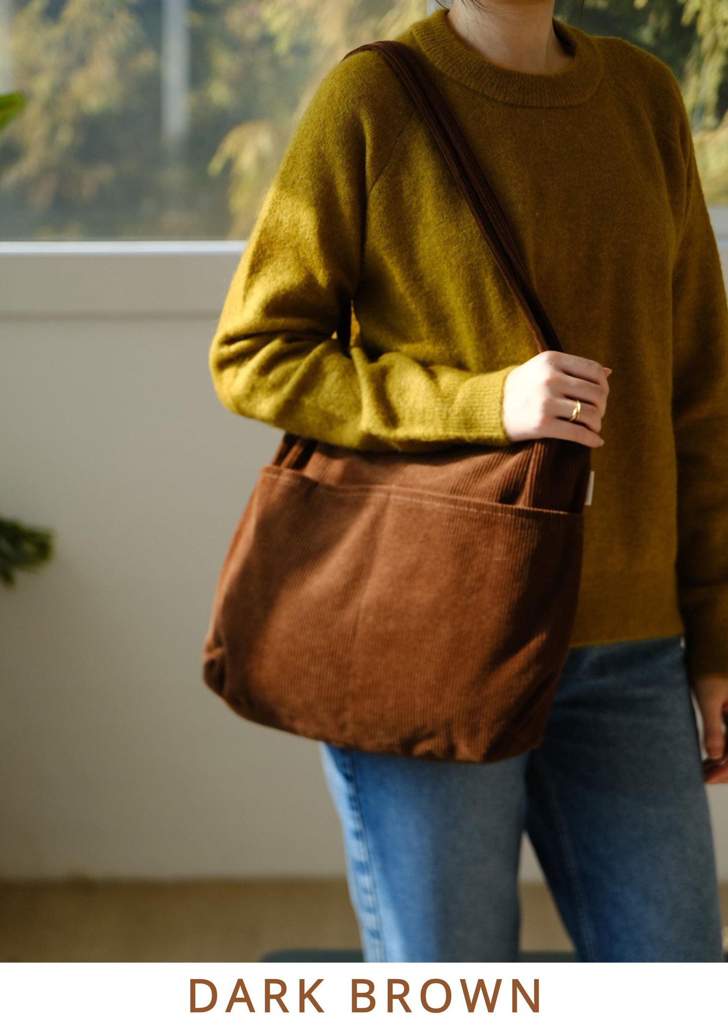 Double Pocket Soft Corduroy Tote Bag (Dark Brown), Women Shoulder Bag, Back to School Gift, College Student Bag, Everyday Book Tote