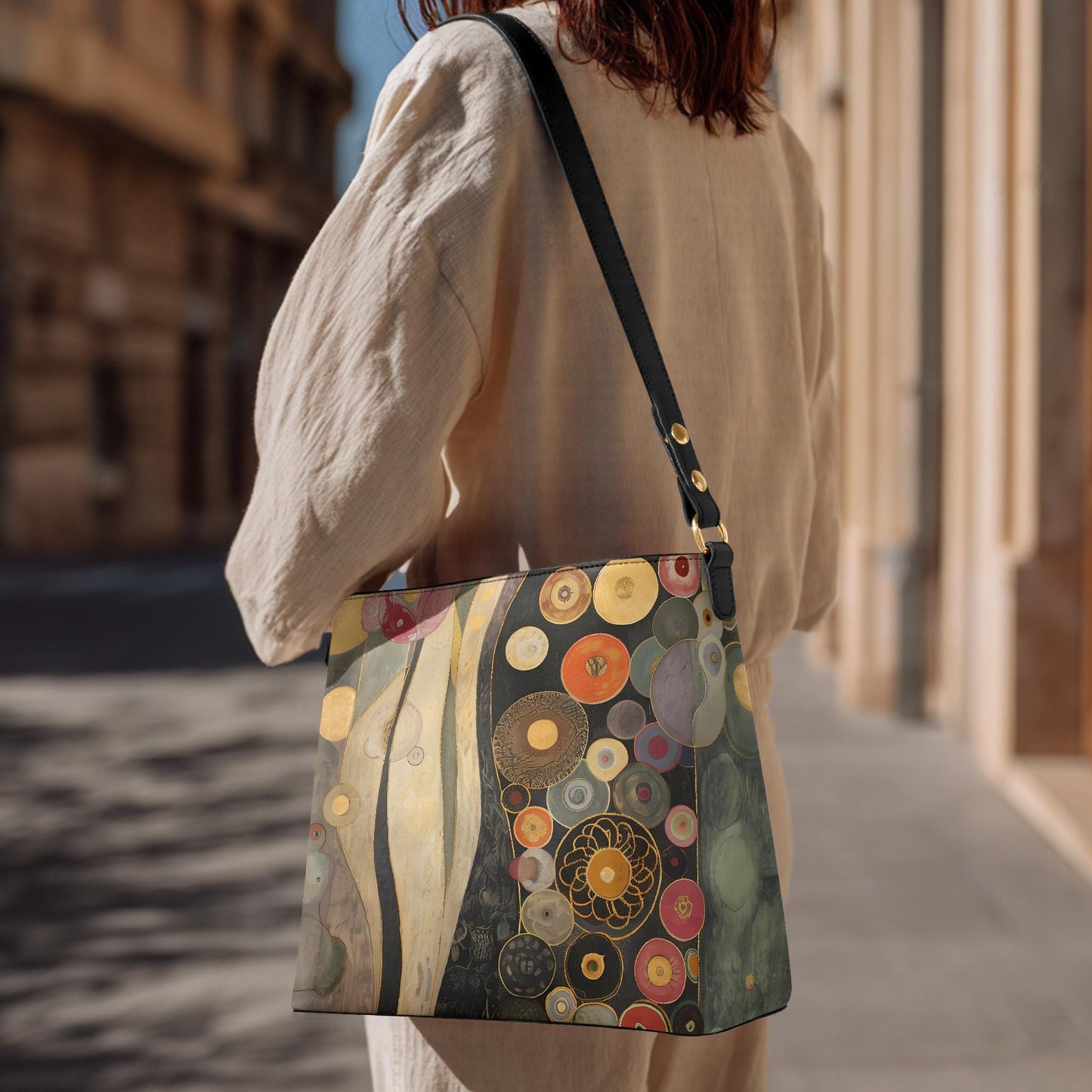 Klimt Art print Boho style Vegan Leather Bucket Bag, Crossbody Purse, Large Tote Purses, Personalized purse, Gift Women's Carryall Workbag