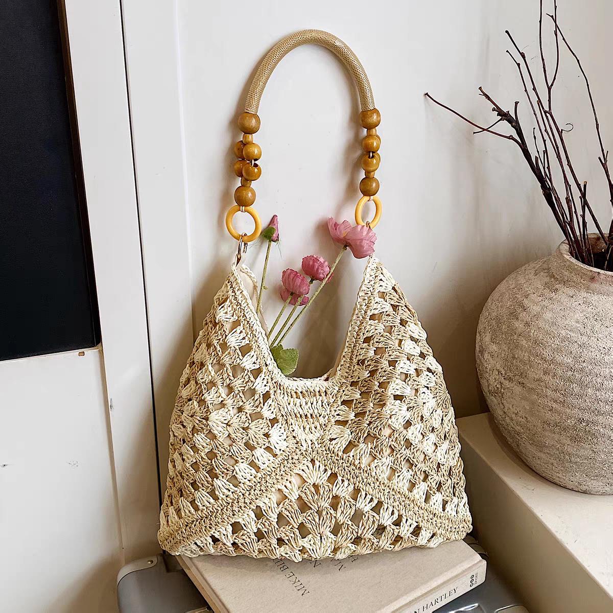 Crochet Tote Bag Handmade: Black Cream Knit Shoulder Bag, Granny Square Bag, Boho Woven Handbag, Wooden Handle Purse, XL basket bag