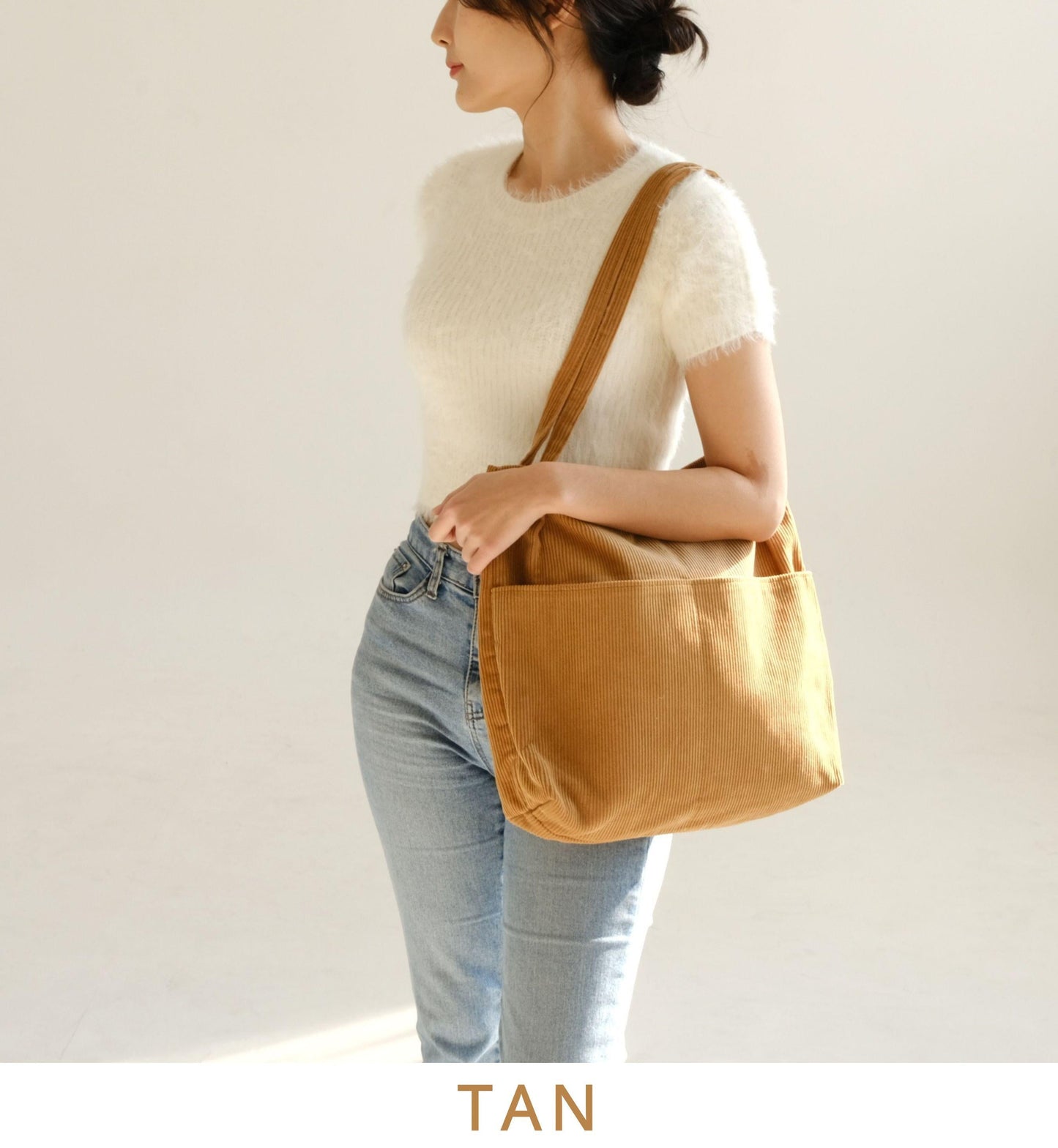 Double Pocket Soft Corduroy Tote Bag (Dark Brown), Women Shoulder Bag, Back to School Gift, College Student Bag, Everyday Book Tote