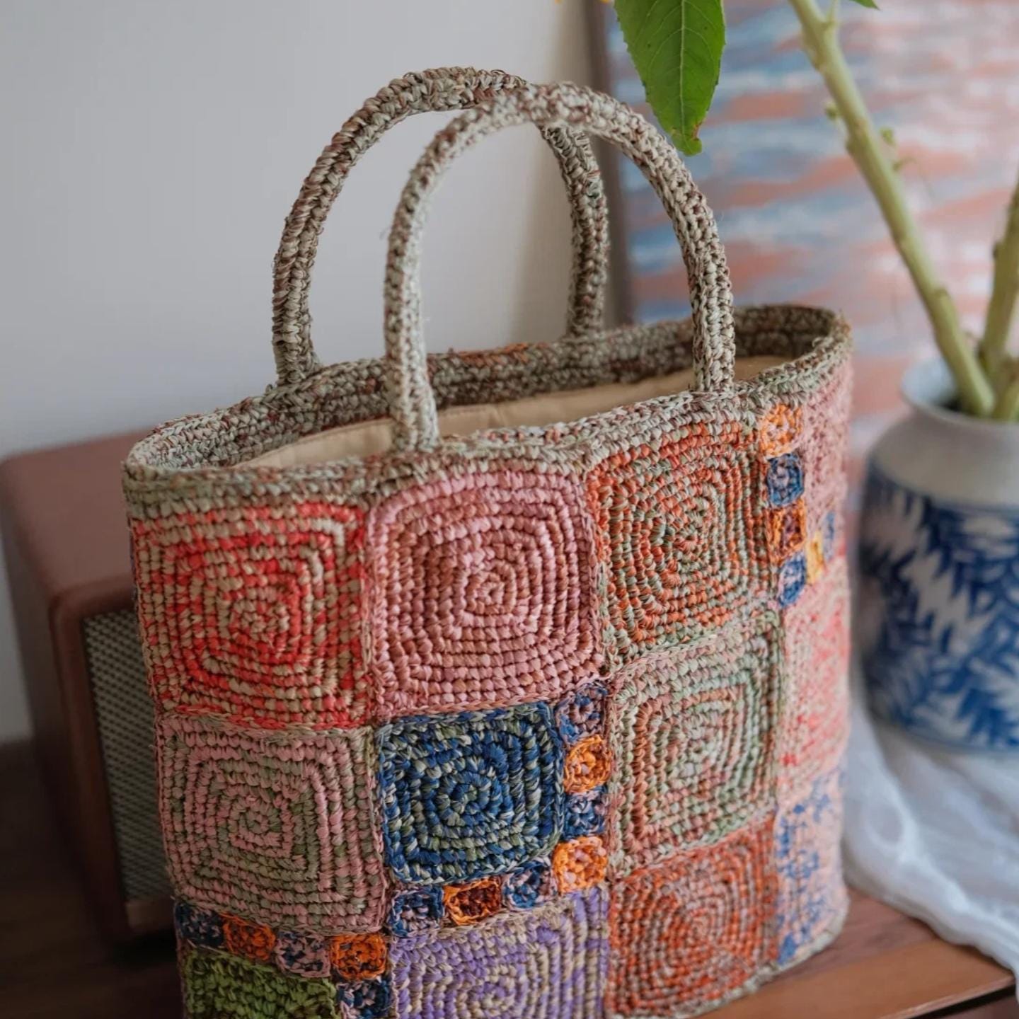 Handmade Boho Chic Raffia Handbag, Colorful Crochet Tote Bag, Woven Beach Bag with Magnetic Snap, Perfect for Vacation, Gift for Her