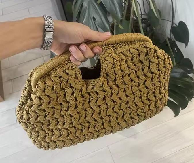 Handwoven Straw Clutch Bag Boho Woven Handbag Summer Raffia Purse Minimalist Crochet Tote Beach Vacation Bag Eco Friendly Gift Her