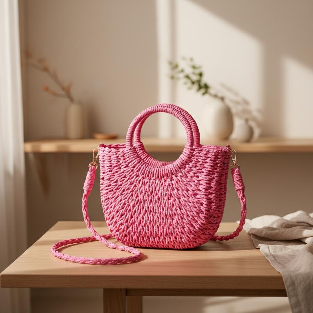 Handwoven Straw Half-Moon Handbag, Large Capacity Summer Crossbody Bag, Hollow Out Rattan Shoulder Bag for Women