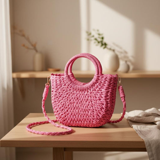 Handwoven Straw Half-Moon Handbag, Large Capacity Summer Crossbody Bag, Hollow Out Rattan Shoulder Bag for Women