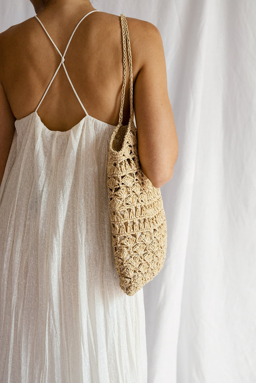 Crochet Raffia Tote Bag in Natural, Summer Tote Bag, Straw Mesh Bag, Handcrafted Tote, Crochet Handbag — Anemone Tote