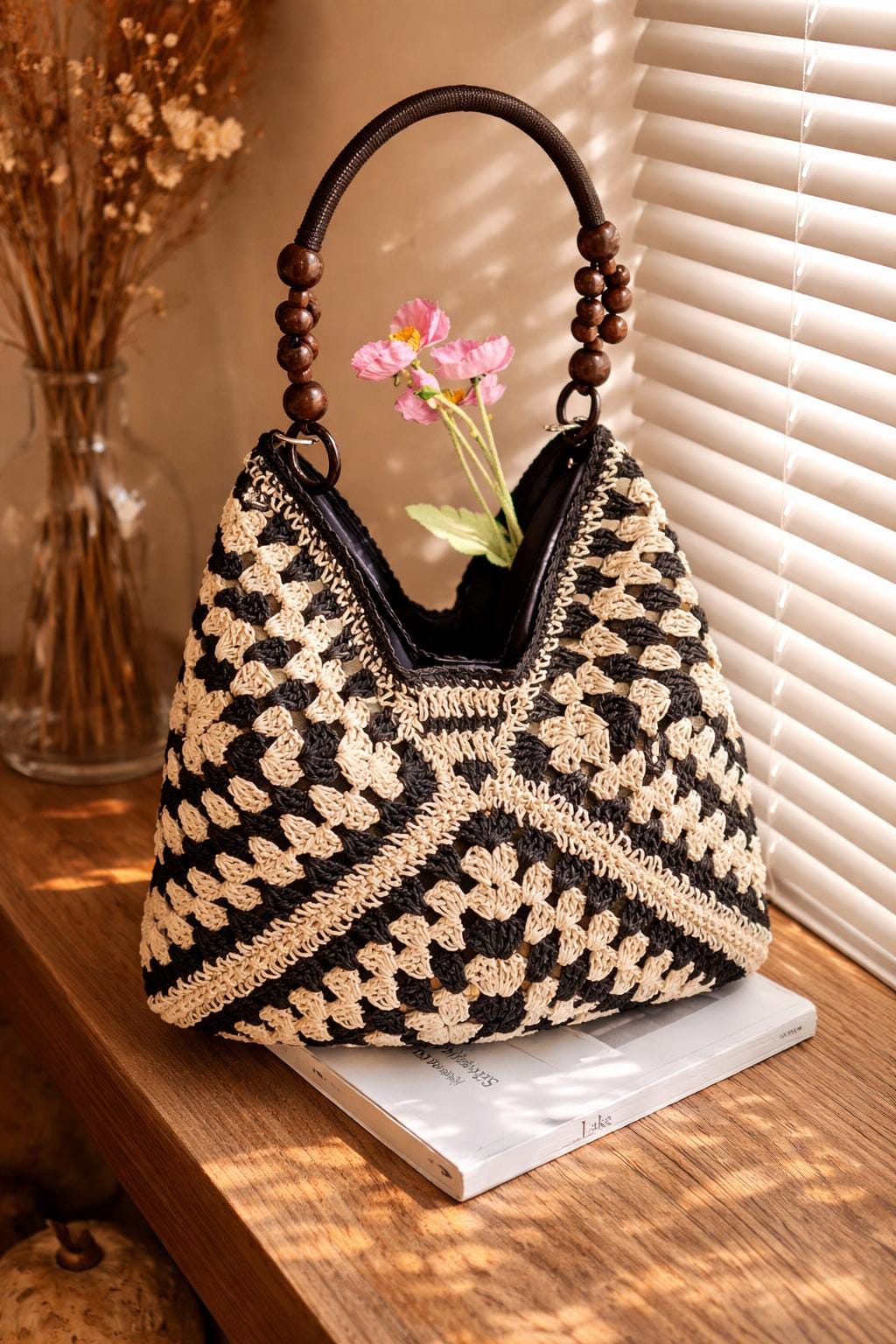 Crochet Tote Bag Handmade: Black Cream Knit Shoulder Bag, Granny Square Bag, Boho Woven Handbag, Wooden Handle Purse, XL basket bag