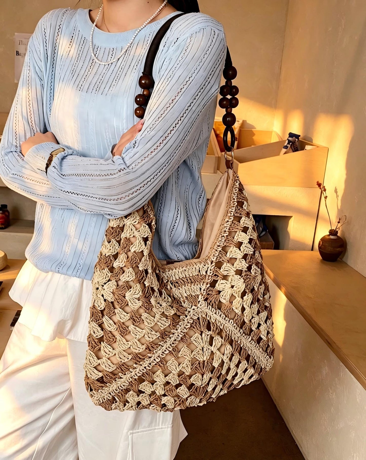 Crochet Tote Bag Handmade: Black Cream Knit Shoulder Bag, Granny Square Bag, Boho Woven Handbag, Wooden Handle Purse, XL basket bag