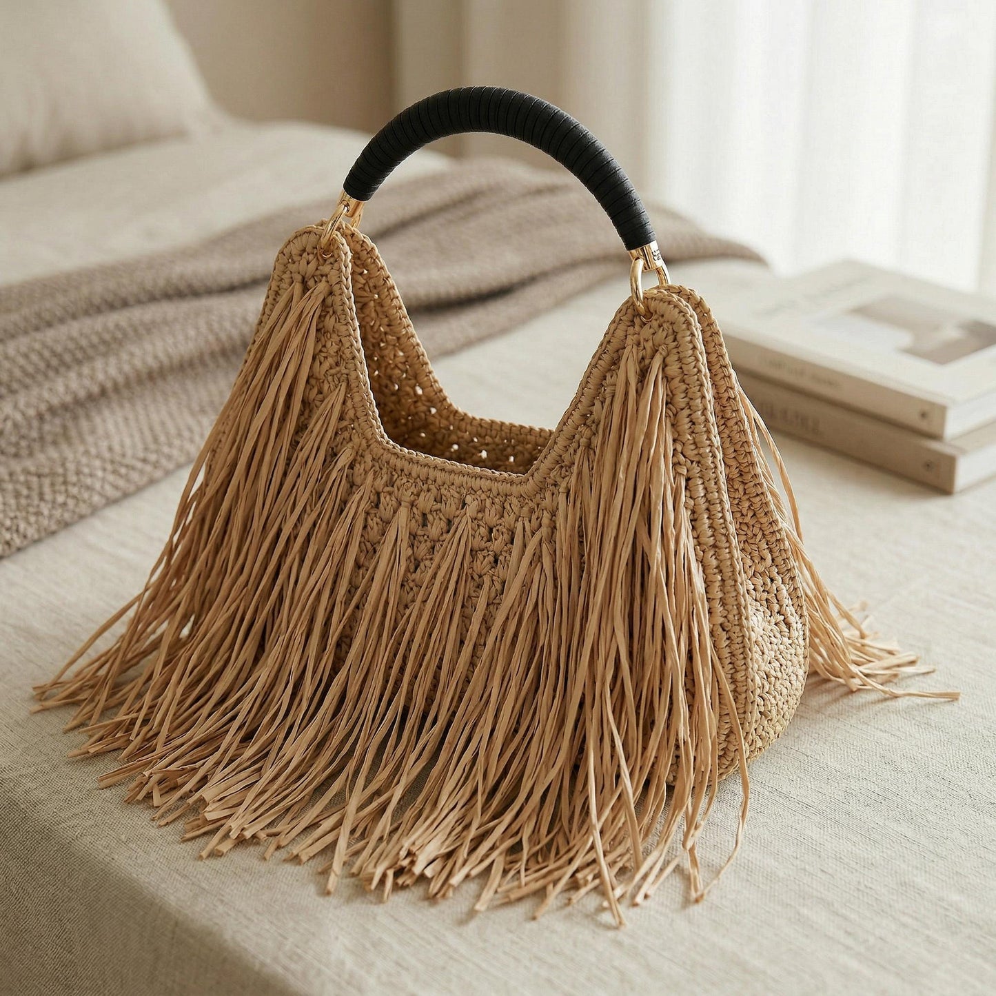 Crochet Fringe Shoulder Bag Handmade Boho Tote | Straw Style Tassel Handbag | Summer Beach Bag | Aesthetic Cotton Purse | Vacation Bag