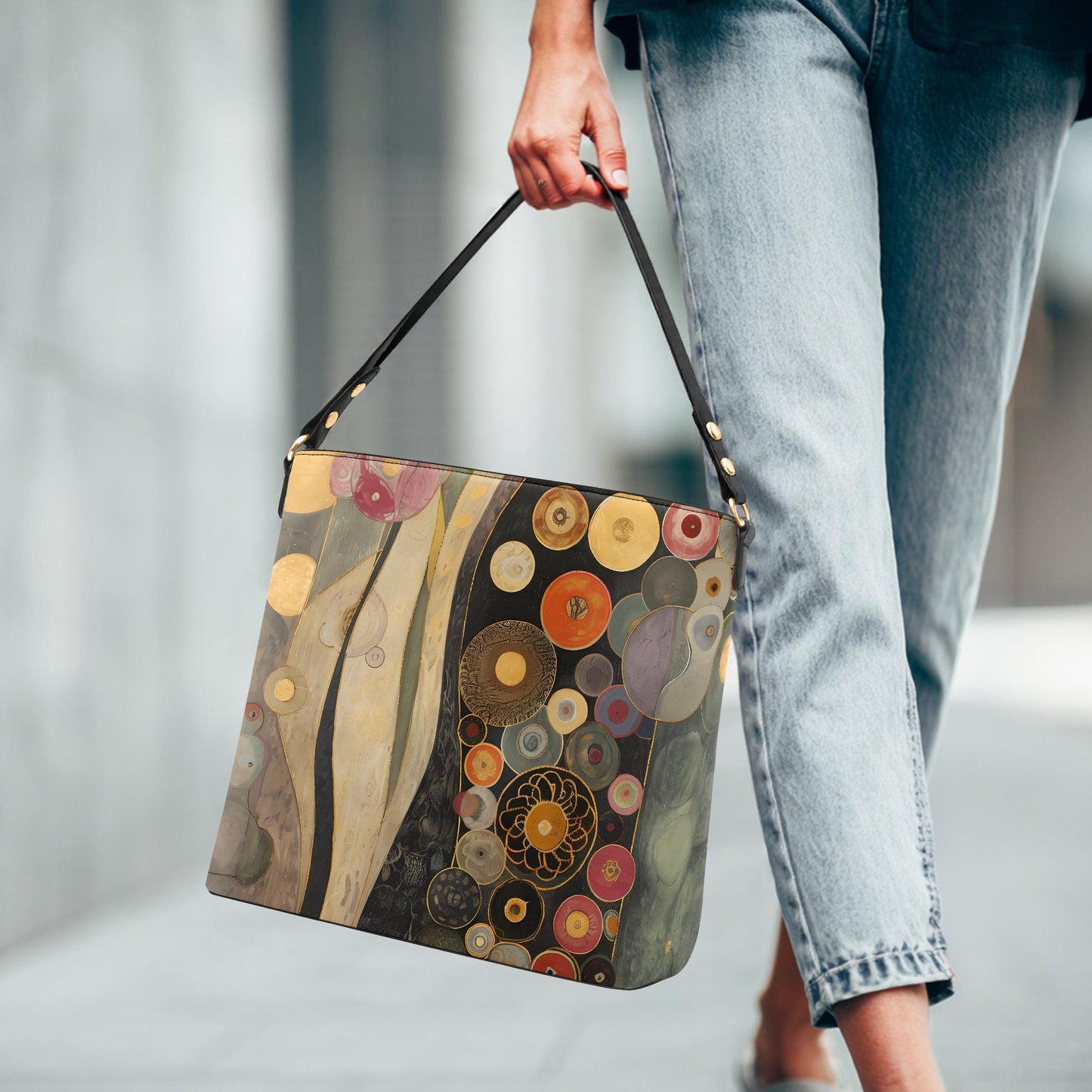 Klimt Art print Boho style Vegan Leather Bucket Bag, Crossbody Purse, Large Tote Purses, Personalized purse, Gift Women's Carryall Workbag