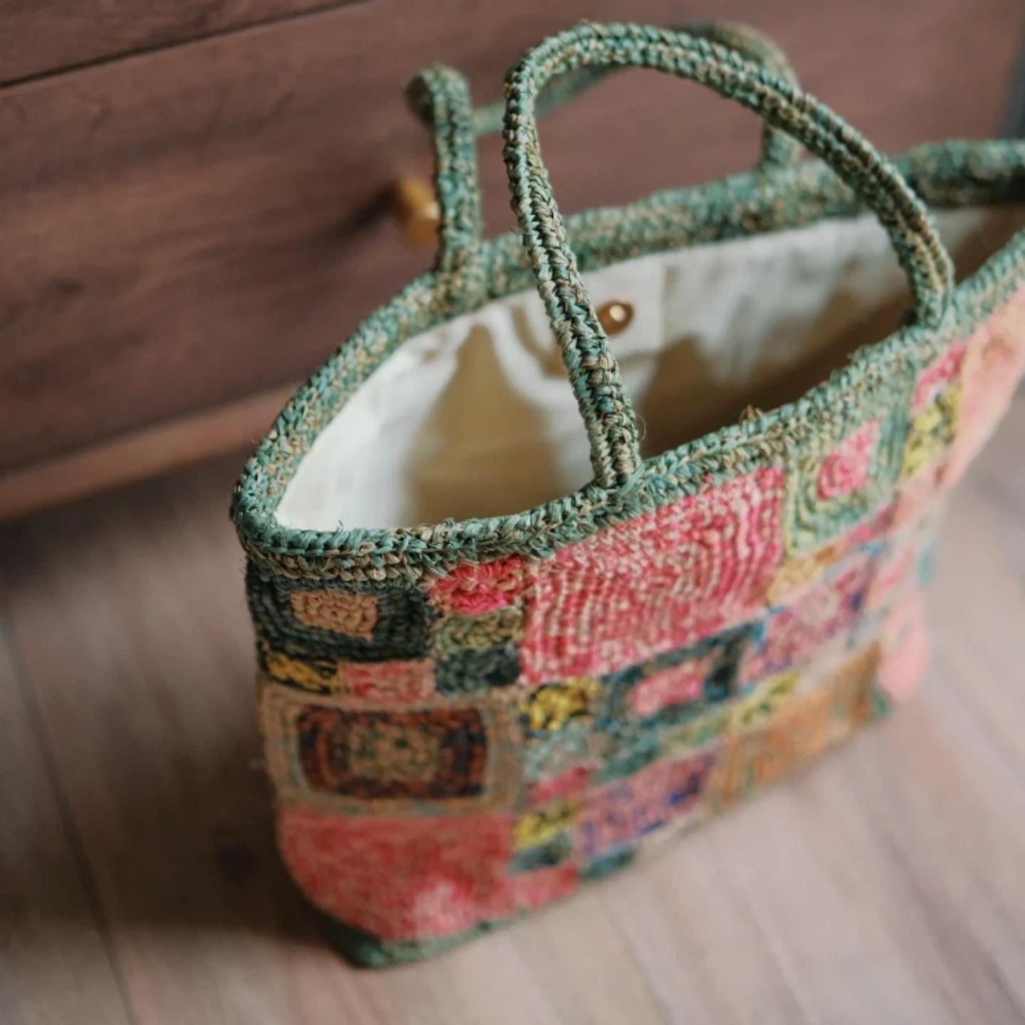 Handmade Crochet Raffia Tote Bag, Colorful Patchwork Boho Purse with Cotton Lining, Unique Artisan Beach Bag for Women,Gift for her