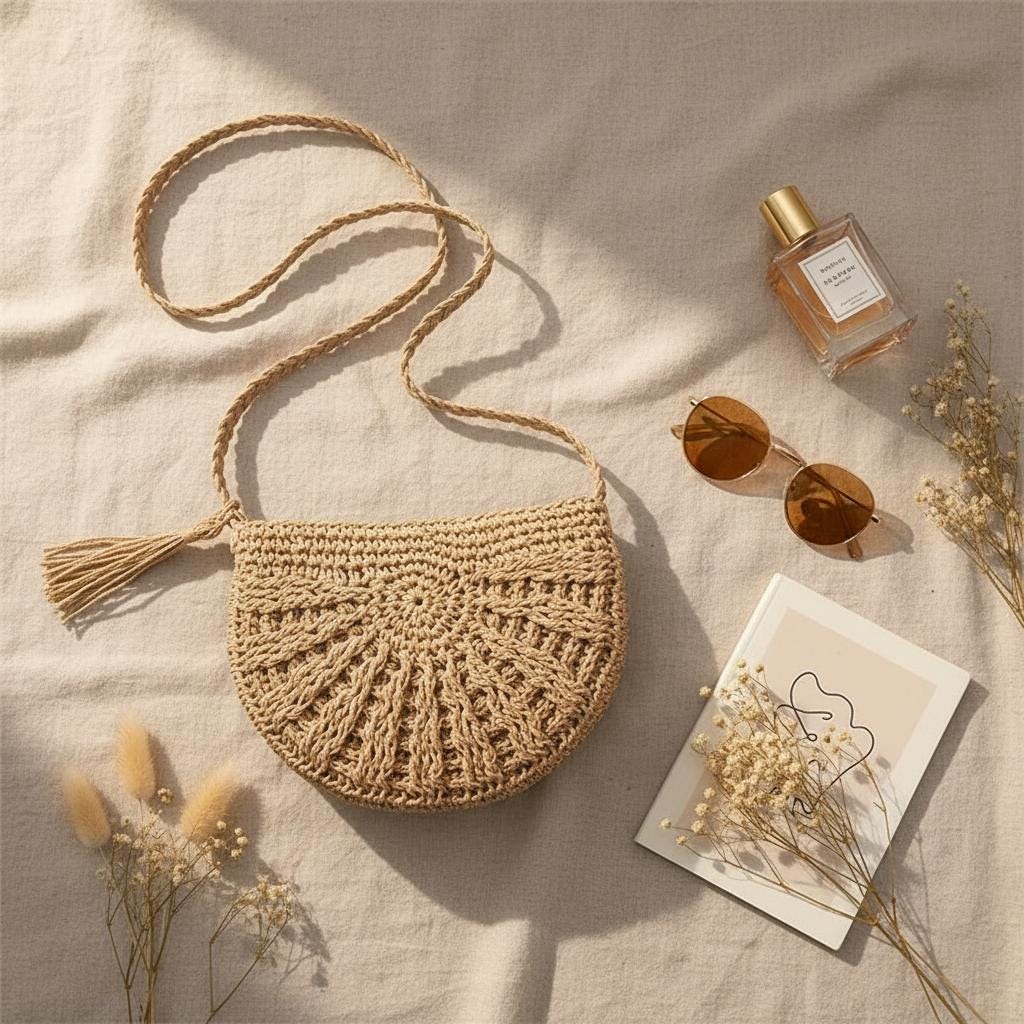 Half Moon Straw Rattan Bag Handwoven Boho Summer Beach Crossbody for Women