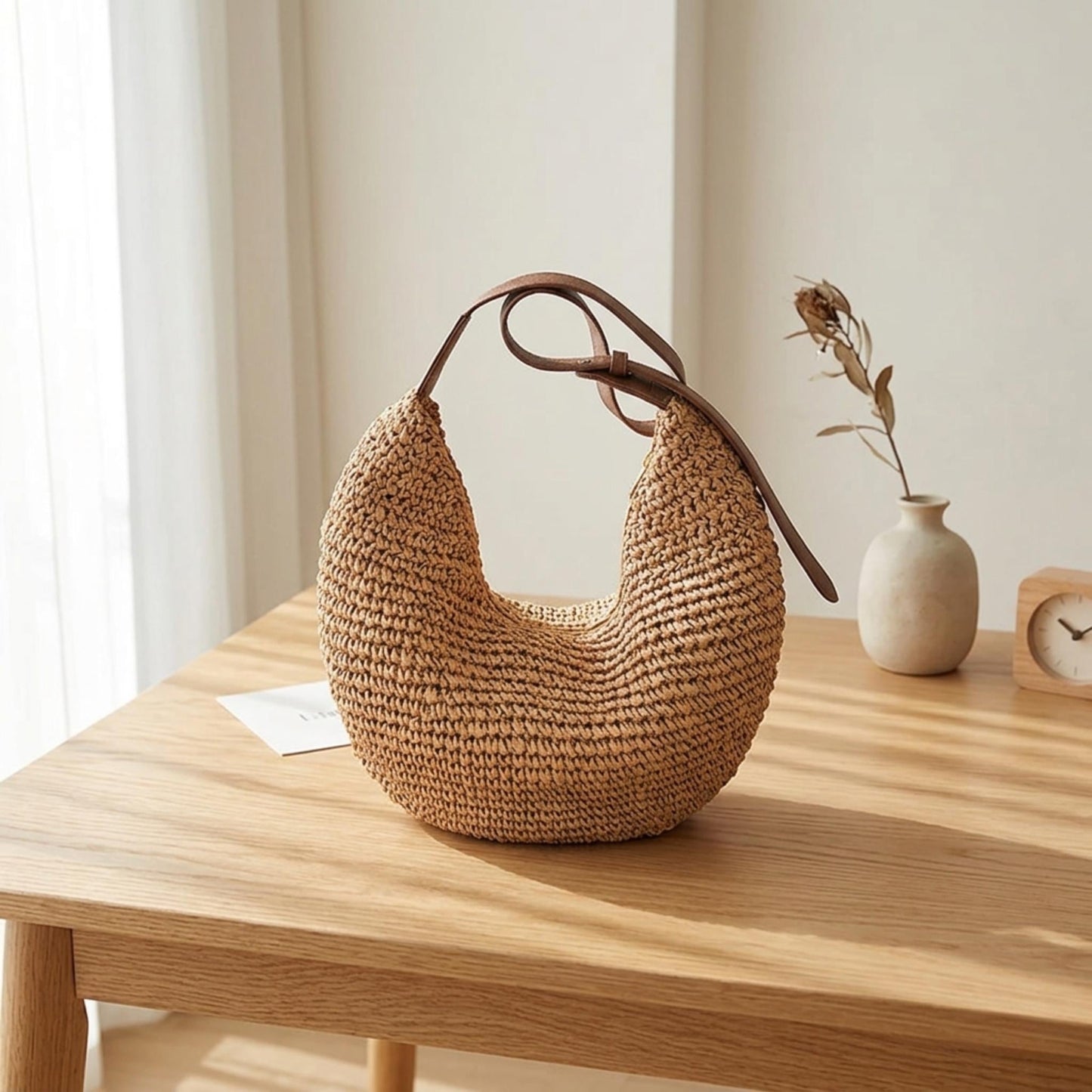 Boho Woven Crossbody Bag, Handmade Straw Dumpling Bag, Beach Vacation Purse, Natural Grass Bag, Casual Summer Shoulder Bag