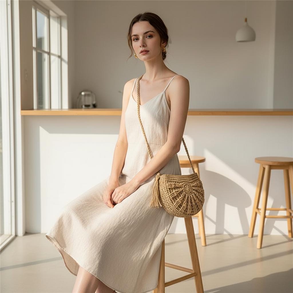 Half Moon Straw Rattan Bag Handwoven Boho Summer Beach Crossbody for Women