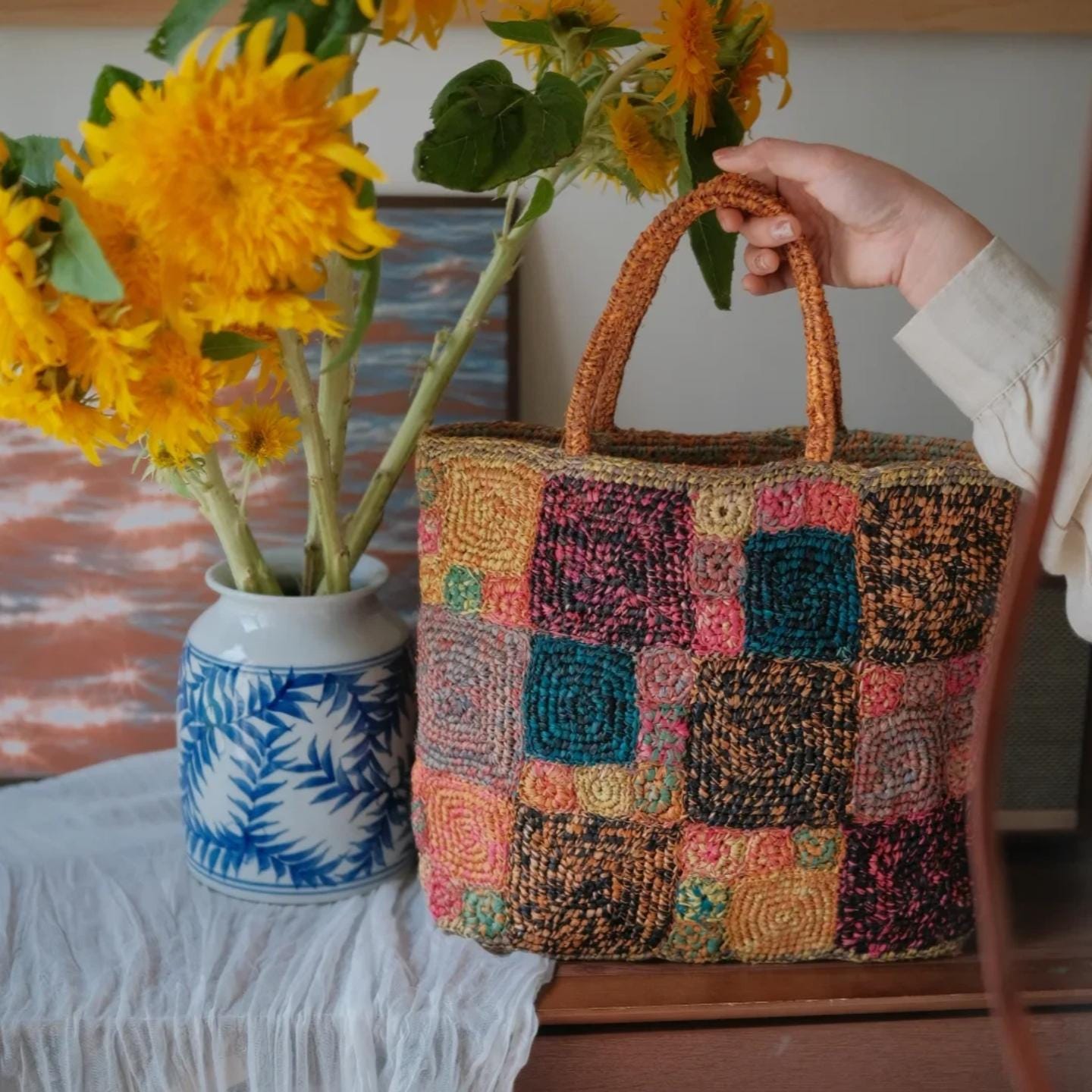Handmade Boho Chic Raffia Handbag, Colorful Crochet Tote Bag, Woven Beach Bag with Magnetic Snap, Perfect for Vacation, Gift for Her