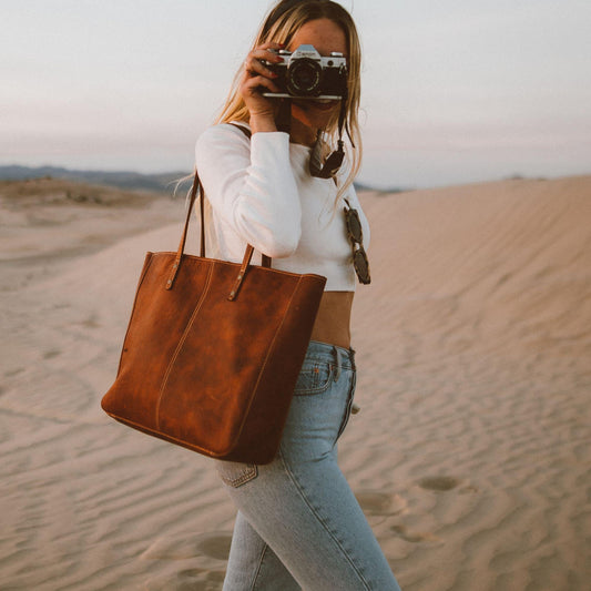 Leather Tote Bag - Carmel Brown, Laptop Bag, Large Capacity, Everyday Carry, Handcrafted, Women's Shoulder Bag