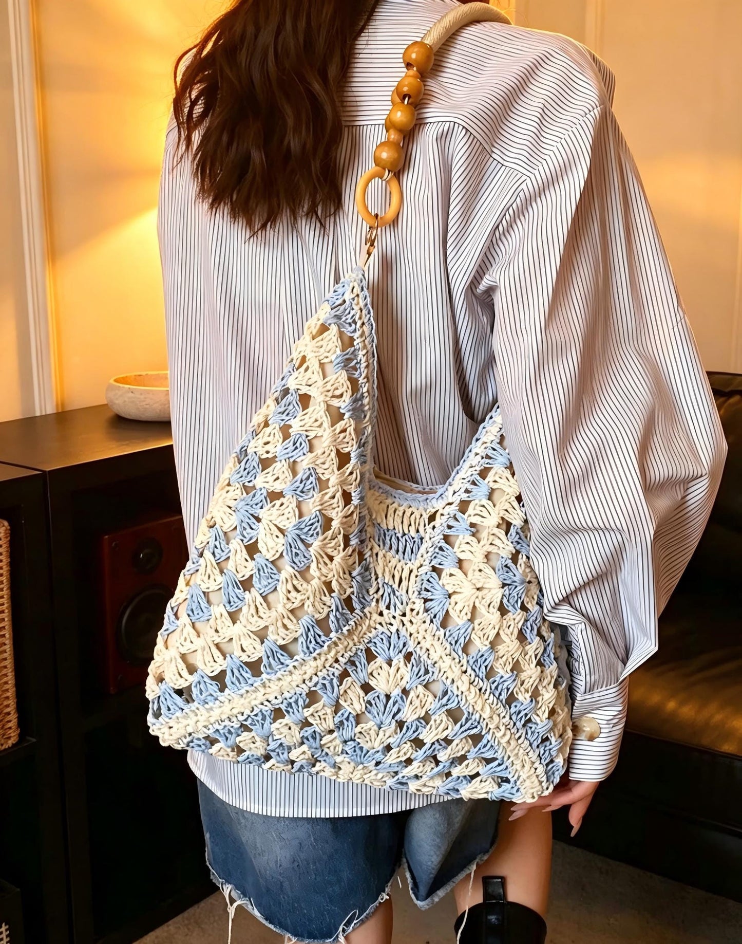 Crochet Tote Bag Handmade: Black Cream Knit Shoulder Bag, Granny Square Bag, Boho Woven Handbag, Wooden Handle Purse, XL basket bag