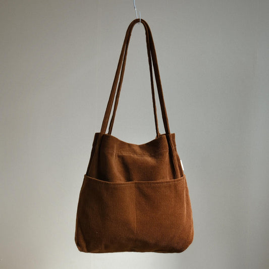 Double Pocket Soft Corduroy Tote Bag (Dark Brown), Women Shoulder Bag, Back to School Gift, College Student Bag, Everyday Book Tote