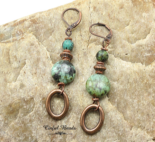 African Turquoise Copper Dangle Earrings - Antique Copper Boho Gemstone Earrings - Natural African Turquoise Drop Earrings - Stone Earrings