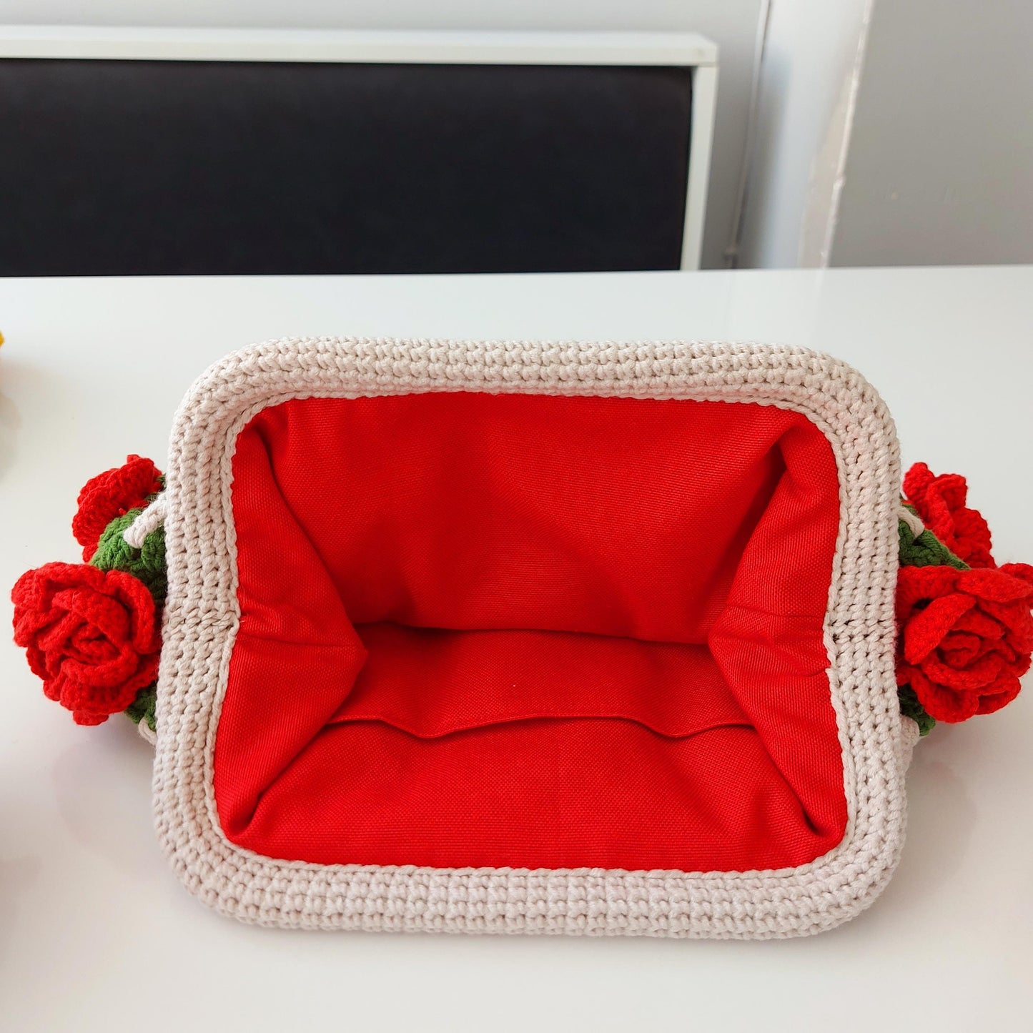 Crochet Rose Granny Square Kiss Lock Bag: Handmade Cotton Purse, Galentine's Day Gifts Bag, Valentine Tote Bag