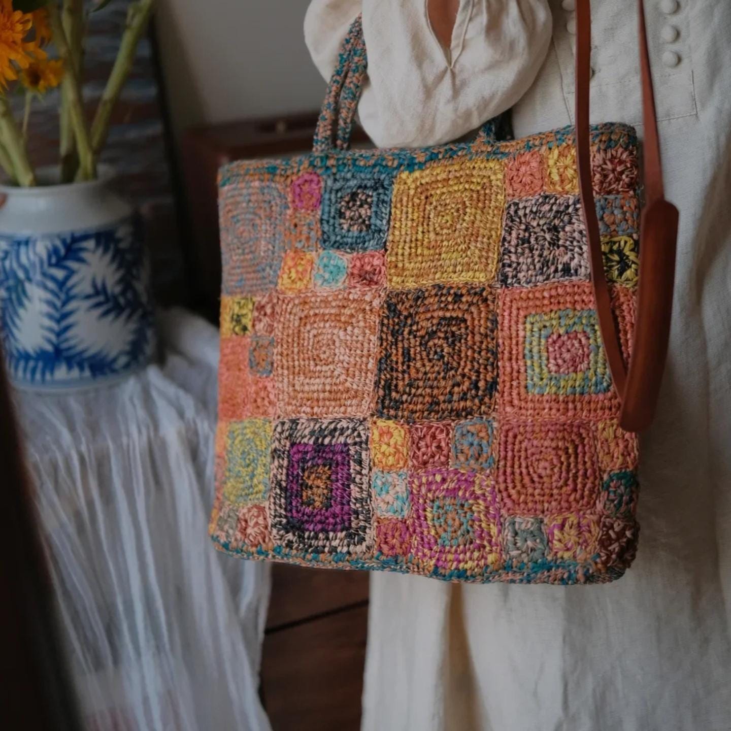Artisan Raffia Patchwork Tote, Handcrafted Crochet Beach Bag, Sturdy Woven Purse with Cotton Lining, Unique Gift for Her, Gift for her