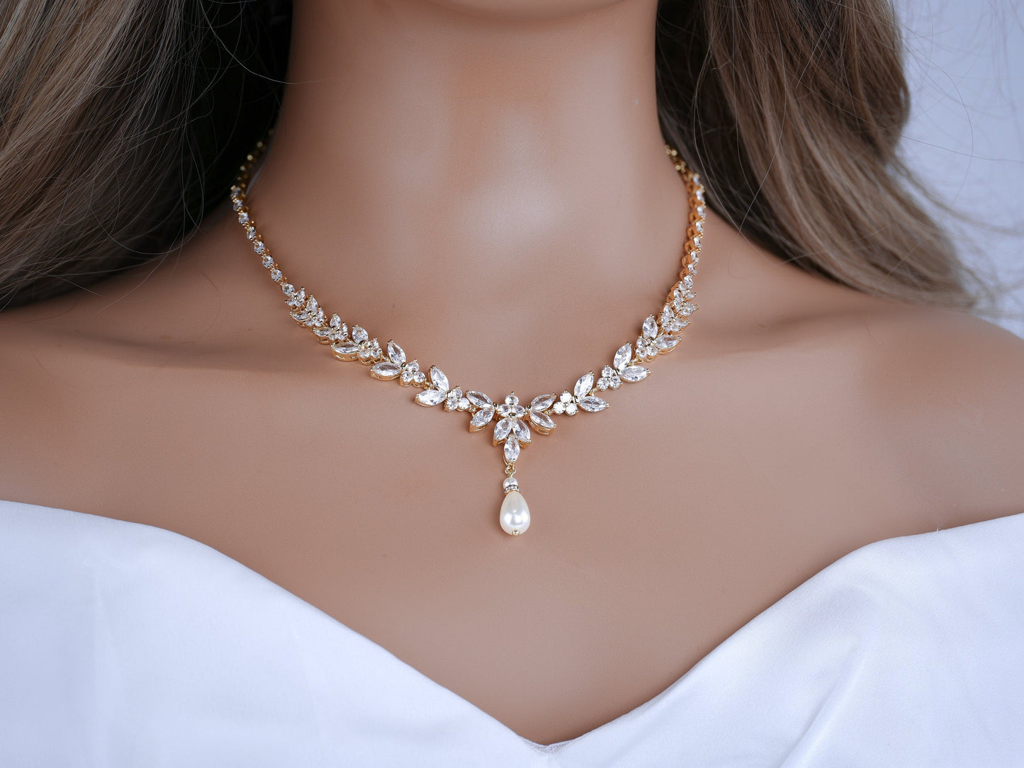 Bridal Necklace set Pearl Wedding Jewelry Gold Pearl Necklace Pearl Bridal Necklace set Drop Earrings Crystal Pearl Necklace