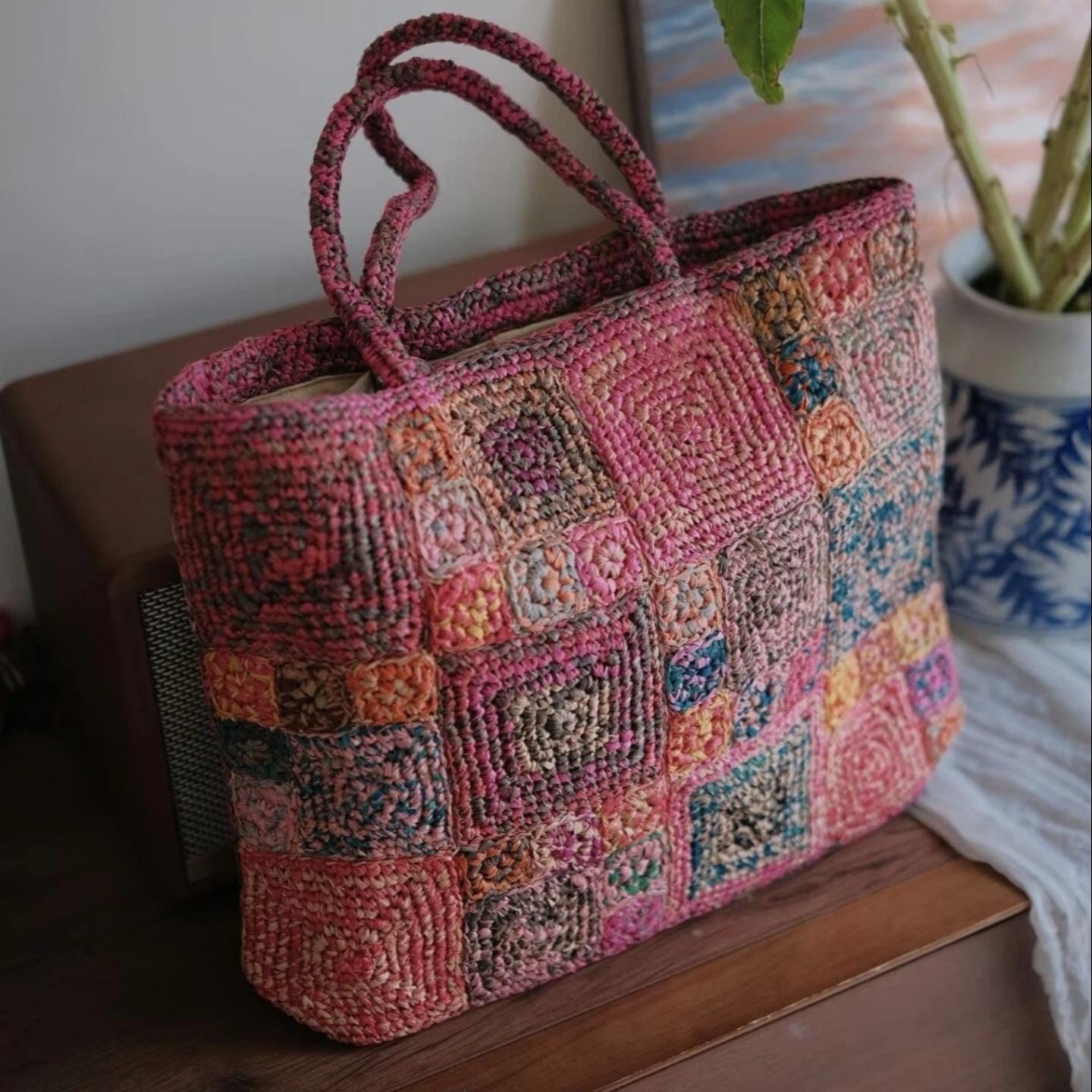 One-of-a-Kind Raffia Crochet Bag, Heavy-Duty Handwoven Tote with Magnetic Closure, Bohemian Summer Shoulder Bag, Gift for her