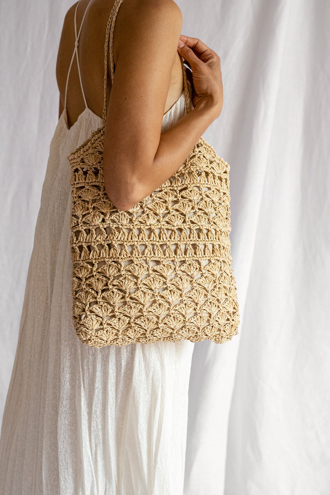 Crochet Raffia Tote Bag in Natural, Summer Tote Bag, Straw Mesh Bag, Handcrafted Tote, Crochet Handbag — Anemone Tote