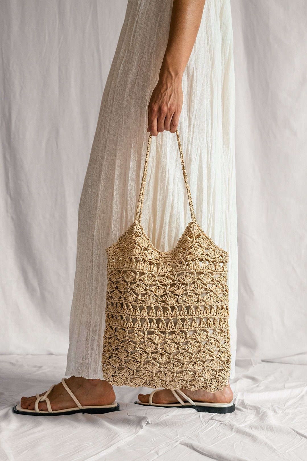 Crochet Raffia Tote Bag in Natural, Summer Tote Bag, Straw Mesh Bag, Handcrafted Tote, Crochet Handbag — Anemone Tote