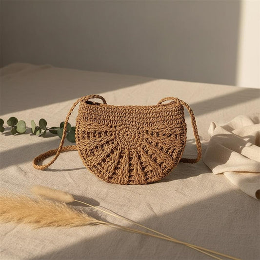Half Moon Straw Rattan Bag Handwoven Boho Summer Beach Crossbody for Women