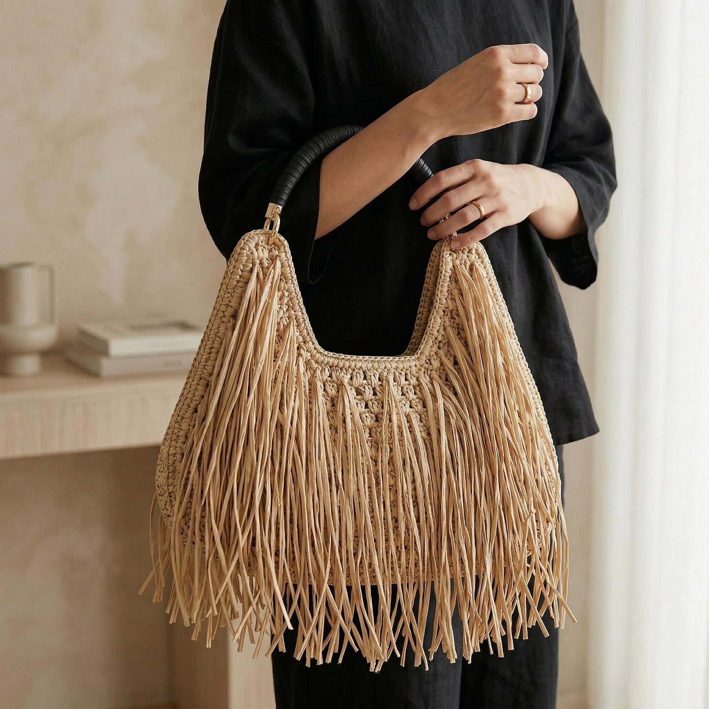 Crochet Fringe Shoulder Bag Handmade Boho Tote | Straw Style Tassel Handbag | Summer Beach Bag | Aesthetic Cotton Purse | Vacation Bag
