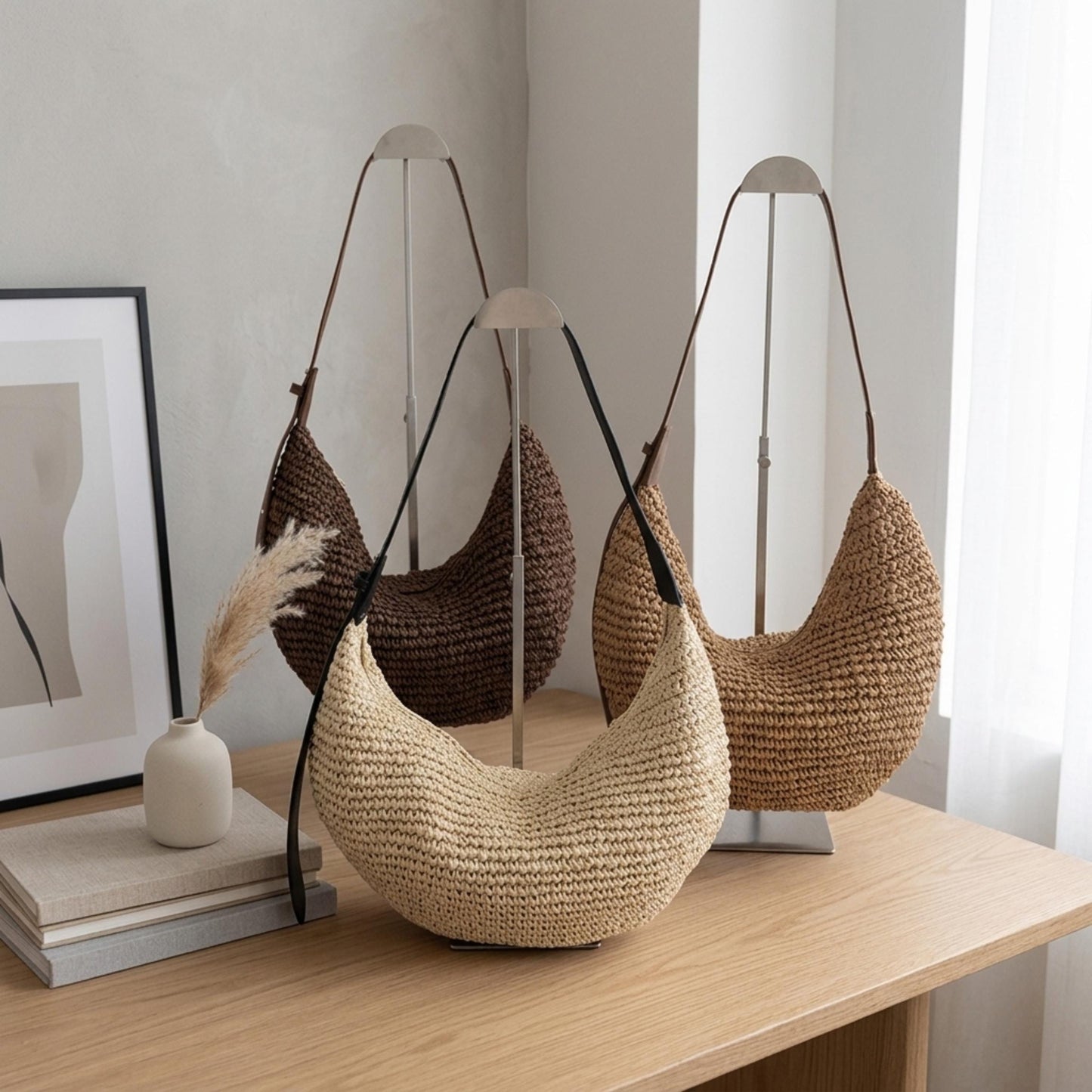 Boho Woven Crossbody Bag, Handmade Straw Dumpling Bag, Beach Vacation Purse, Natural Grass Bag, Casual Summer Shoulder Bag